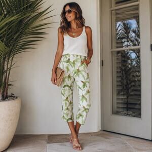 Kelly & Diane 100% Silk Crop Capri Pants Pineapple Sequin Tropical Resort Size 8